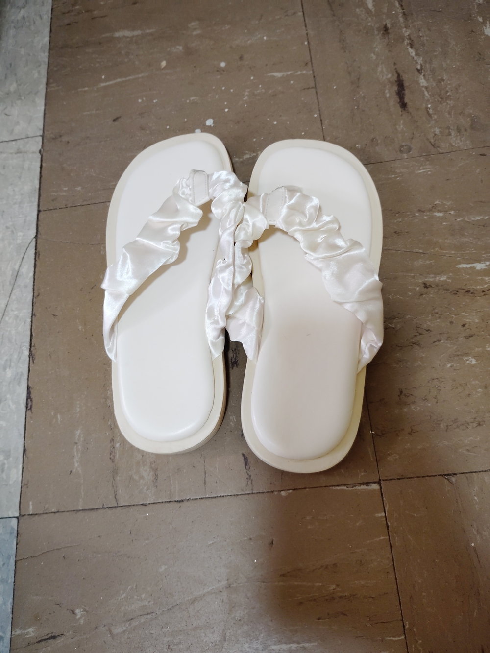 Women’s White Satin Ruffle Flip Flop Sandals